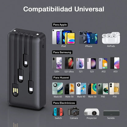 Power Bank 20000mah Batería Portátil Con 4 Cables Con Pantalla Digital 1hora Compatible Con iPhone Samsung Xiaomi Huawei