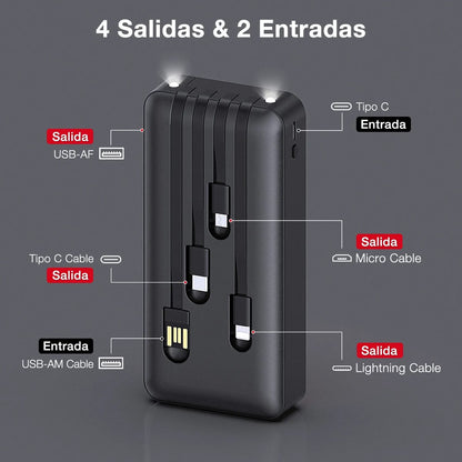 Power Bank 20000mah Batería Portátil Con 4 Cables Con Pantalla Digital 1hora Compatible Con iPhone Samsung Xiaomi Huawei